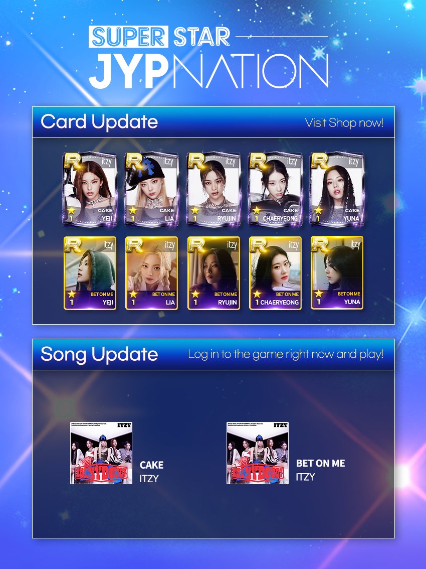 [🎶]

#슈퍼스타제이와이피네이션 업데이트!
#SuperStarJYPNATION NEW UPDATE!

🎼ITZY - CAKE 🍰
🎹ITZY - BET ON ME 🥊

지금 바로 #슈스제 에서 만나보세요!😉
Play right now in #SSJ 😉!

👉 bit.ly/3pzCRdy

#ITZY #ITZY_CAKE #ITZY_BETONME