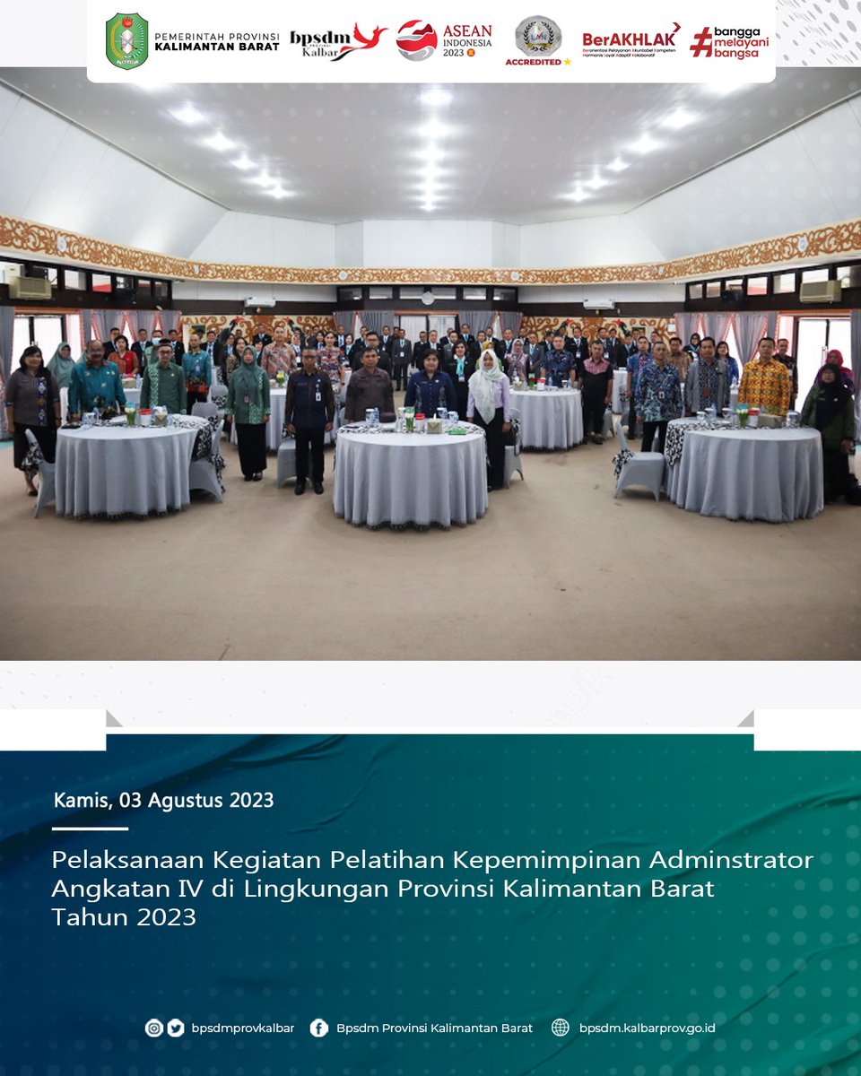 bpsdmprovkalbar's tweet photo. Pelatihan Kepemimpinan Administrator  Angkatan IV Tahun 2023 di Aula Bhineka Tunggal Ika BPSDM Prov. Kalbar yang dibuka secara resmi oleh Staf Ahli Bidang Hukum &amp; Pemerintahan Setda Provinsi Kalimantan Barat serta dihadiri oleh Wakil Kepala Kejaksaan Tinggi Bapak Subeno, SH., MM. https://t.co/P2VbytLz7e