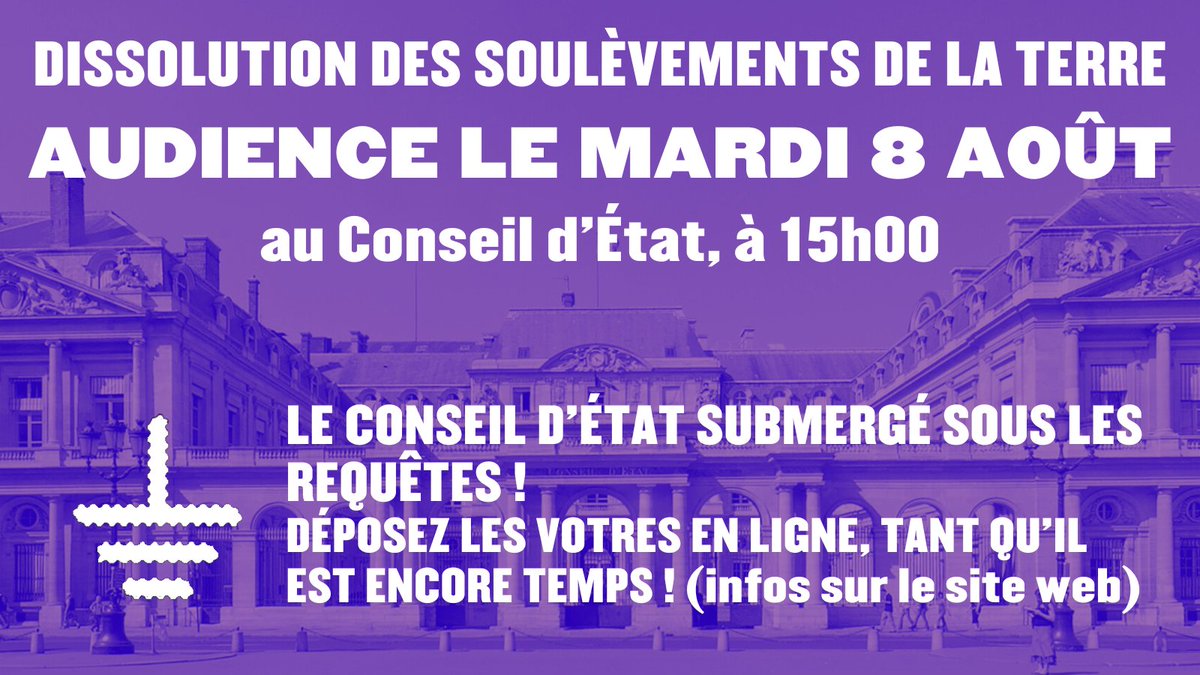 🔴 DISSOLUTION | AUDIENCE le MARDI 8 AOÛT à 15h00 au Conseil d'État

L'audience du référé suspension contre la dissolution des Soulèvements arrive plus rapidement que prévue : mardi prochain, le 8 août, à 15h00 ! 

THREAD rapide avec les dernières infos 🧶⤵️