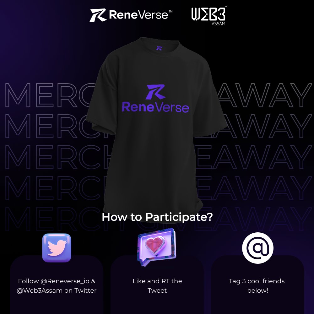 Web3Assam's tweet photo. Ki khobor #Assam? -- GIVEAWAY ALERT 🙌

We're back with a super cool merch giveaway w/ our friends at @reneverse_io 👾

here's how to enter:
1️⃣ follow @Reneverse_io and @Web3Assam on Twitter
2️⃣ like & RT the Tweet
3️⃣ tag 3 frens below

#Web3Assam #reneverse