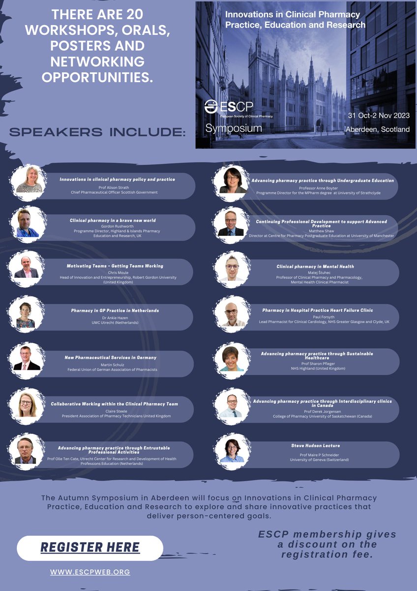 **Not to be missed** #ESCPAberdeen23

We are proud to invite you to join the Autumn Symposium in Aberdeen, Scotland with focus on Innovations in Clinical Pharmacy Practice, Education and Research.

Register here👇
bit.ly/3qQVk5z  

Discounted fees for members + students!