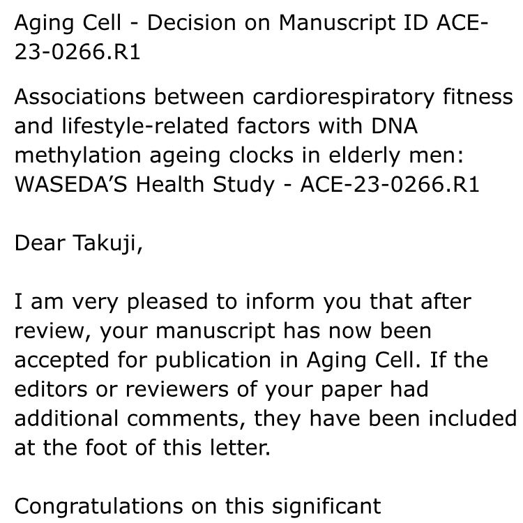 kawamura_takuji's tweet photo. My first author’s paper has been accepted for publication in Aging Cell. Our findings suggest that the maintenance of cardiorespiratory fitness is associated with delayed biological ageing (i.e., DNAm AgeAcceleration) in older men. https://t.co/KwYiIPYZ3O