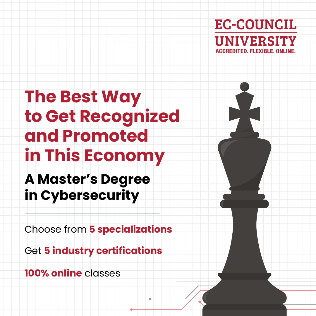 EC_Council_Univ's tweet photo. Invest in your future with our Master's in #Cybersecurity program!

Gain hands-on experience and expertise in this exciting field and open doors to new career opportunities. Apply now and secure your spot!

https://t.co/4ixPbF7yYh https://t.co/PhZ2mWvLGD