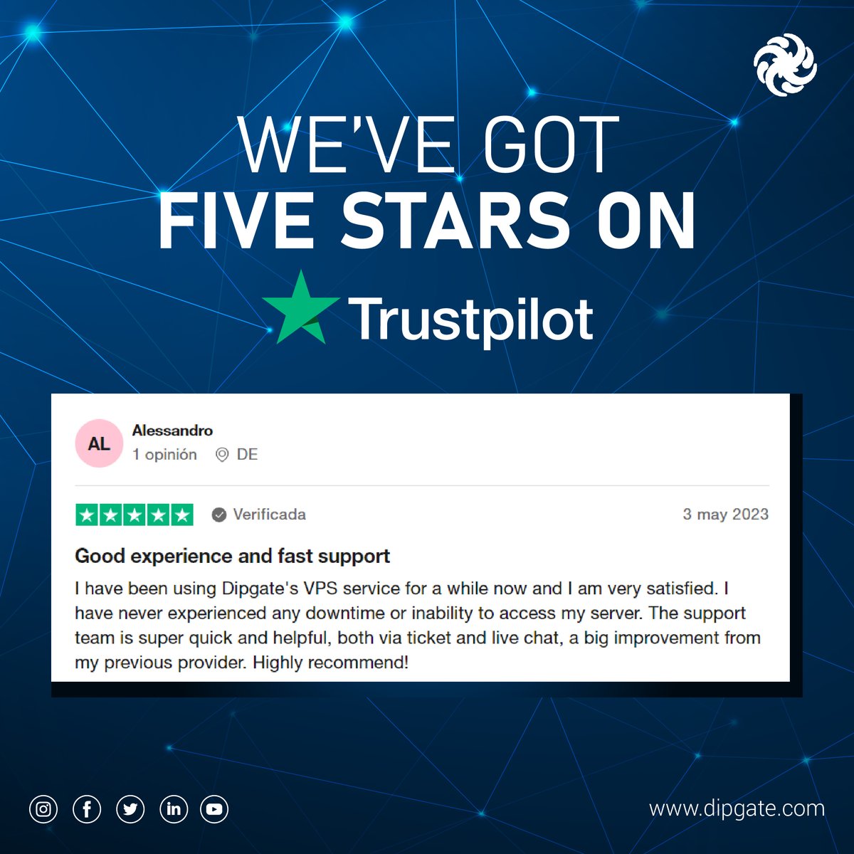 dipgate's tweet photo. Exciting news! Your trust and support have earned us a fantastic #FiveStarRating on #Trustpilot! 🎉🎊A huge #THANKYOU to each one of you for sharing your amazing experiences with #Dipgate #VPS! 🙌 Your feedback has motivated us to keep delivering top-notch services and support. https://t.co/XAGDOmfZBg