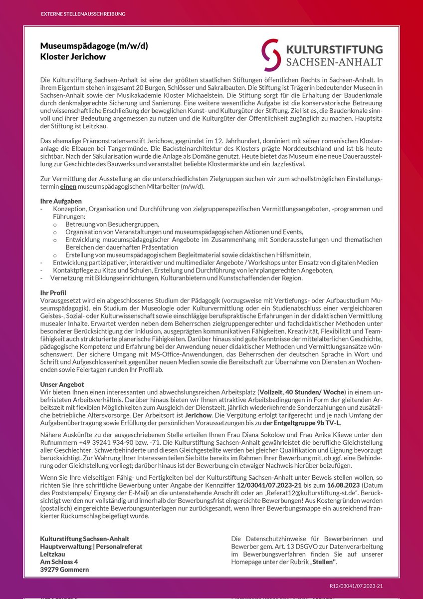 Wir suchen dich! Du hast Spaß an der Arbeit mit Kindern &amp; Erwachsenen, bist kreativ und interessierst dich für Geschichte? Dann bewirb dich jetzt beim #KlosterJerichow als #Museumspädagoge &amp; werde Teil unseres familiären Teams!
#jobangebot #stellenanzeige #jerichowerland #altmark