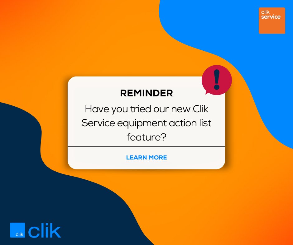 Clik_Tweets's tweet image. Have you tried our new equipment action lists feature on Clik Service yet?

Check out our short promo video below to learn more about equipment action lists!

ow.ly/ugrS50PpLFX

#fsmsoftware
