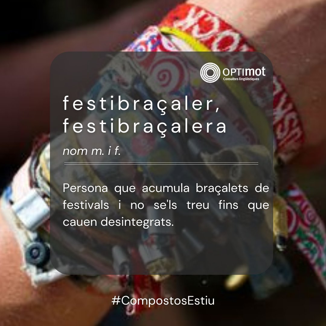 optimotcat's tweet photo. Us esteu fent un tip d'anar a festivals de música?
Que aixequi la mà qui sigui un festibraçaler o una festibraçalera!

festibraçaler, festibraçalera 🎸 
nom m. i f.
Persona que acumula braçalets de festivals i no se'ls treu fins que cauen desintegrats.

#CompostosEstiu https://t.co/VGS1kwWiul