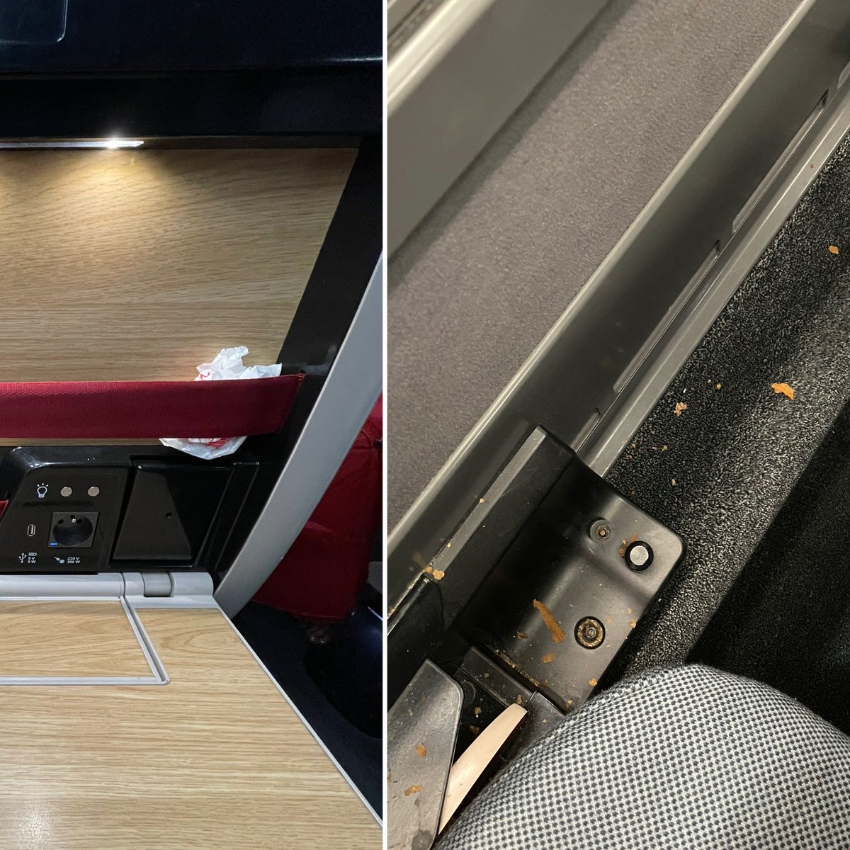 Deejay_Mast's tweet photo. C’est bien de faire des annonces sonores « votre train à été nettoyé et désinfecté » mais ça serait bien de s’y tenir. Miettes et déchets en 1ere business .. ça fait plaisir !  @SNCFVoyageurs @SNCFConnect @TGVINOUI https://t.co/bWp6gGTiPt