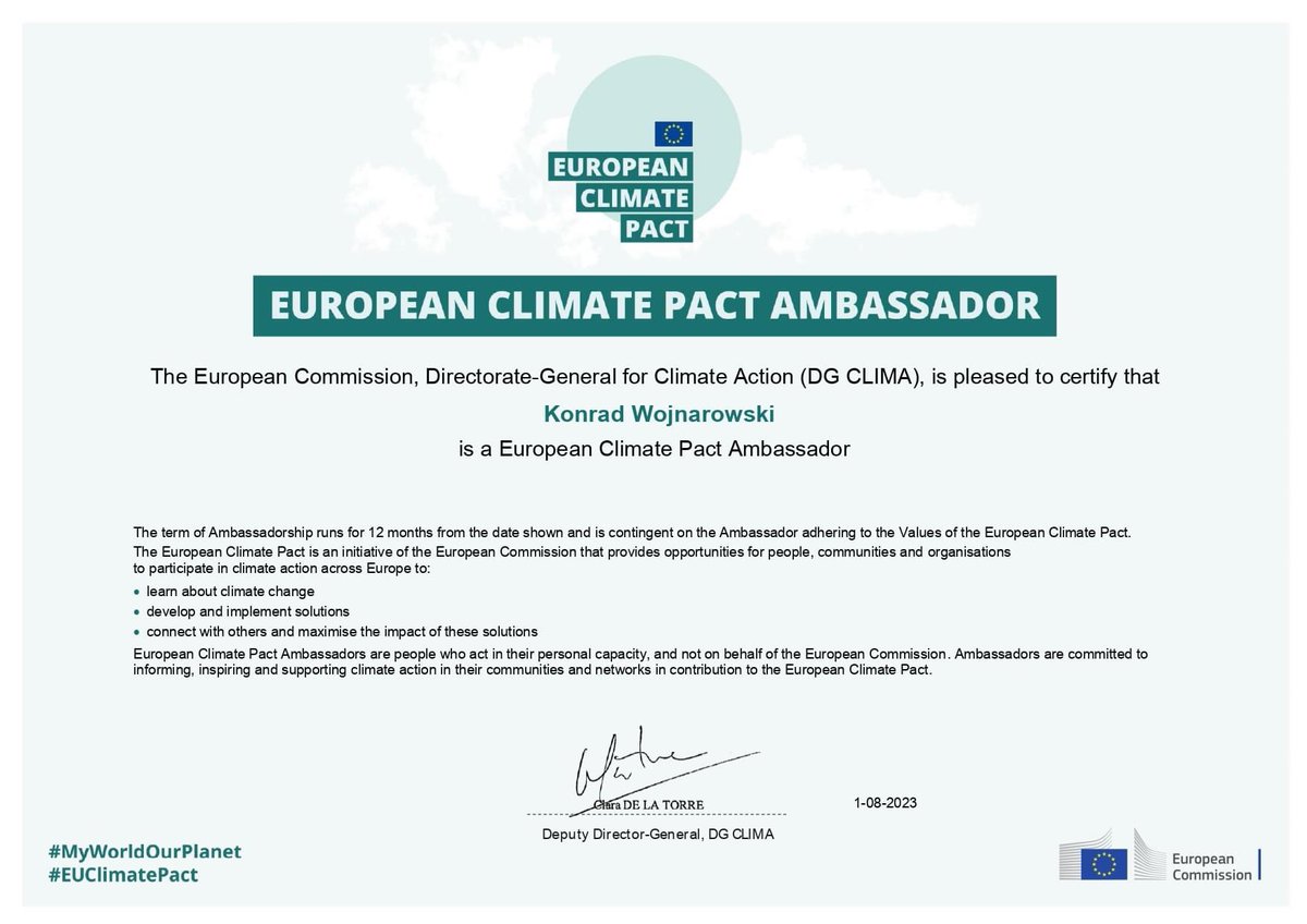 Miło mi poinformować, że dzięki zaufaniu Komisji Europejskiej i Dyrekcji Generalnej ds. Działań w dziedzinie Klimatu (DG CLIMA), zostałem mianowany Ambasadorem Europejskiego Paktu na rzecz Klimatu.
#MyWorldOurPlanet
#EUClimatePact