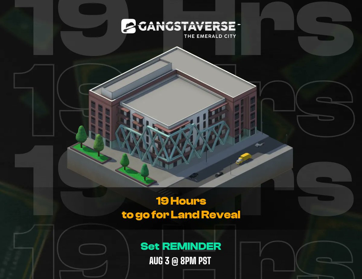 Here it comes, The Emerald City ! 

Land Ownership Certificate holders will be able to reveal their land from August 3rd, 8PM PST.

⏱️ emeraldcity.gangstaverse.co