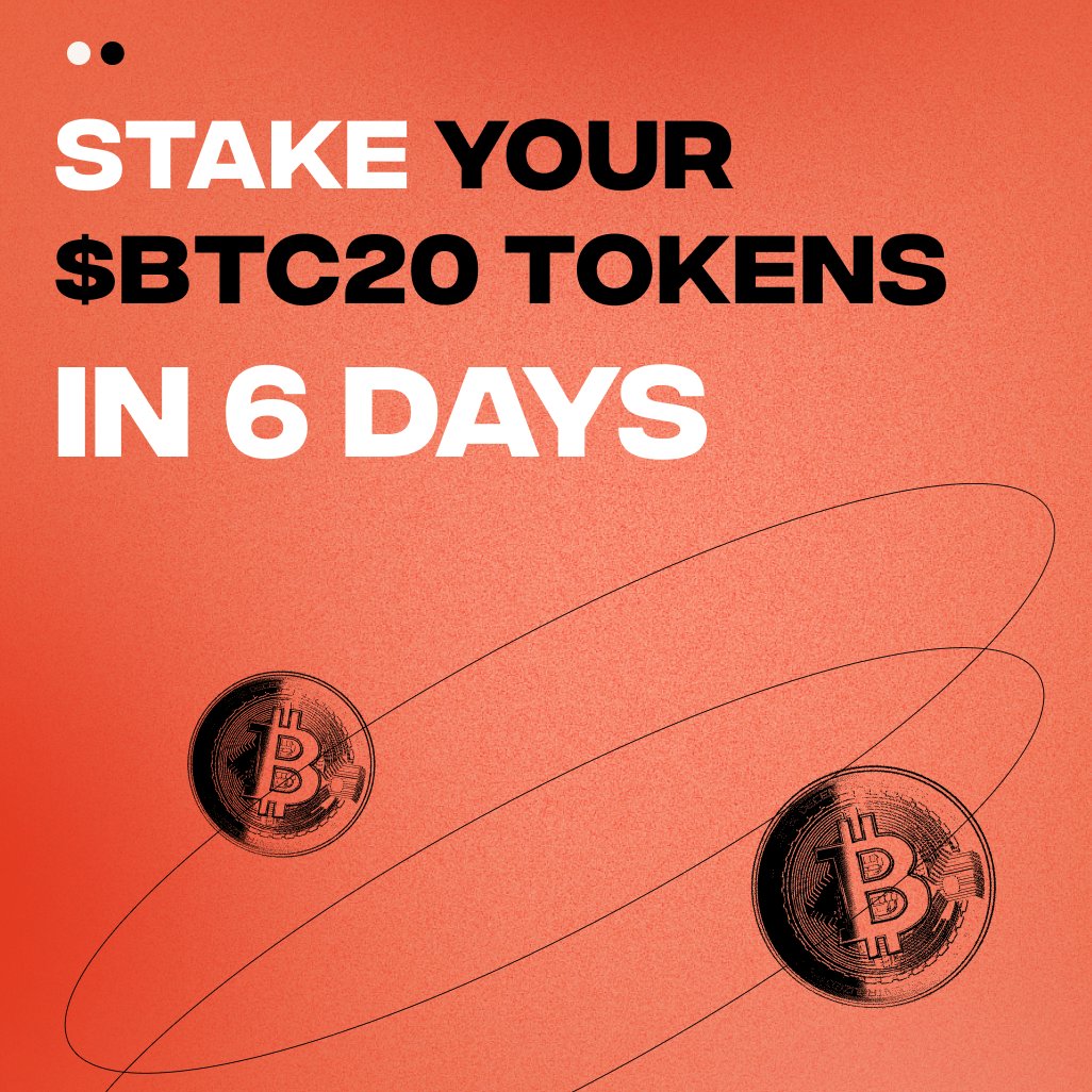 🚀 Staking Countdown: 6 Days to Go! 💰

The excitement is building! In 6 days, you can start staking your $BTC20 #Tokens and earn rewards for supporting our ecosystem. 🌱💪

Make sure you're all set to join the #Staking revolution with $BTC20! 🚀