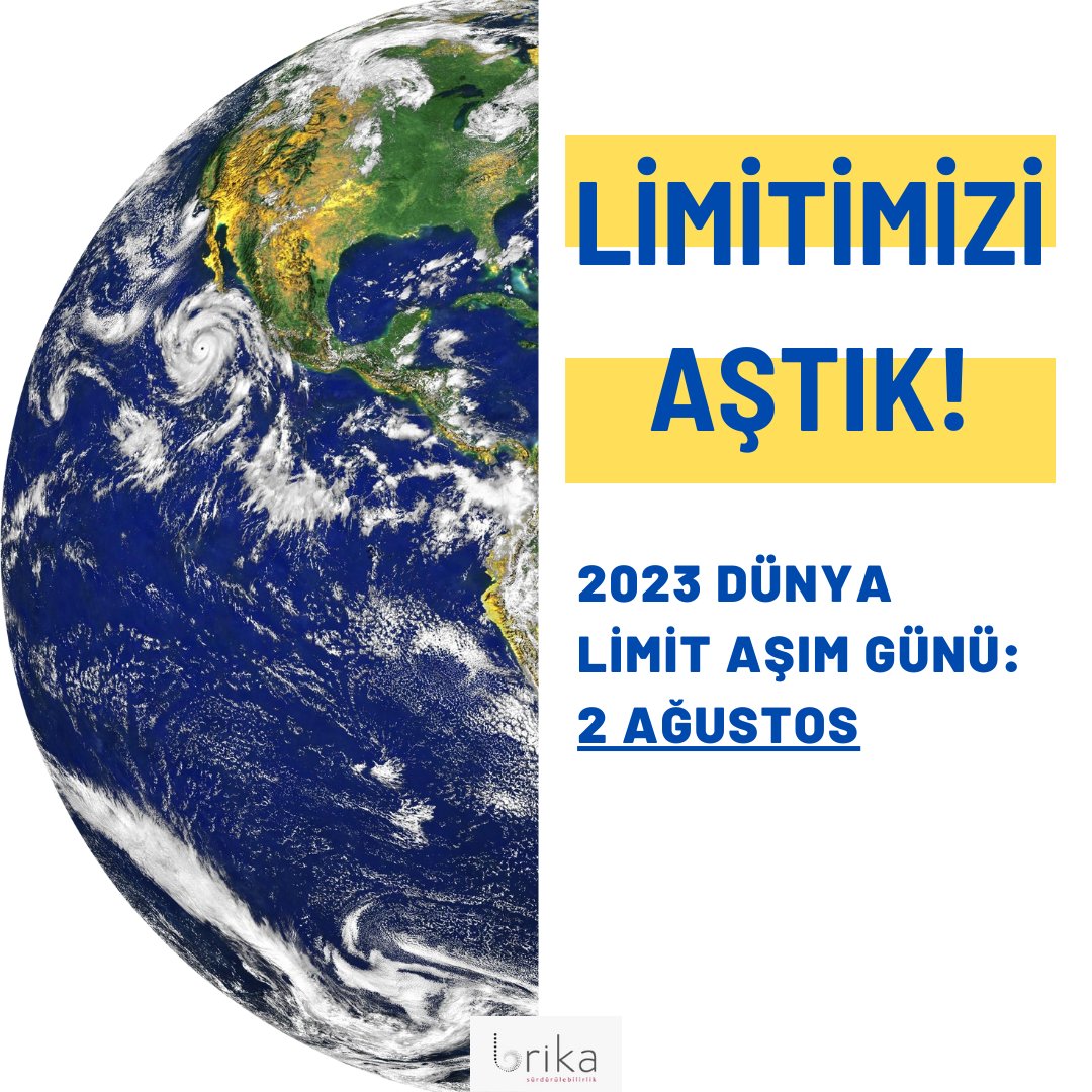 brika_sustain's tweet photo. 🌍 DÜNYA LİMİT AŞIM GÜNÜ 2 AĞUSTOS 🌍
Kaynaklarımızın tükenme hızı, her yıl artıyor ve ekosistemlerimizin bu talepleri karşılamak için yeterli zamanı olmuyor. Mevcut tüketim taleplerimizi karşılamak için 1,75 Dünya gerekiyor.
Türkiye için Limit Aşım Günü, 22 Haziran'daydı. https://t.co/SzBuZlytn3
