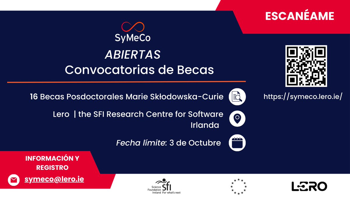 ¿Interesado en un post doctorado @MSCActions? ✅@LeroCentre 🇮🇪 ✅2 años de duración ✅Página oficial: symeco.lero.ie ✅Áreas de investigación: symeco.lero.ie/research-theme… ¡Inscríbete antes del 3 de Octubre! @EuraxessLAC @ViktoriaBod13