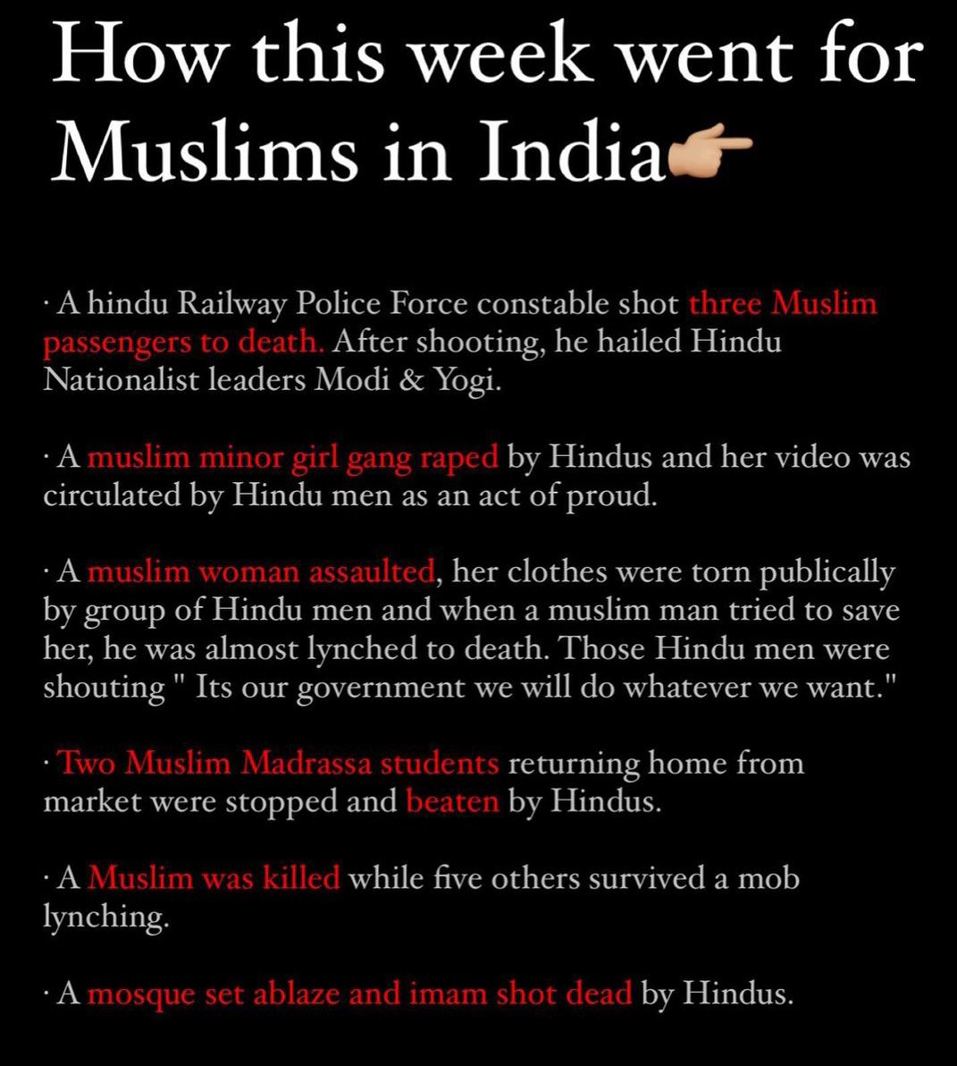 Kihu245's tweet photo. And they said hindu khatre me hai ..

Everyday muslim getting killed.

Hindu Killers and terrorist still not arrested bcoz they got government &amp; police support.

2-3 years old Muslim girls getting raped by hindus.
#NuhViolence 
#HaryanaBurning 
#MuslimsUnderAttack https://t.co/jaYX0NVKSw