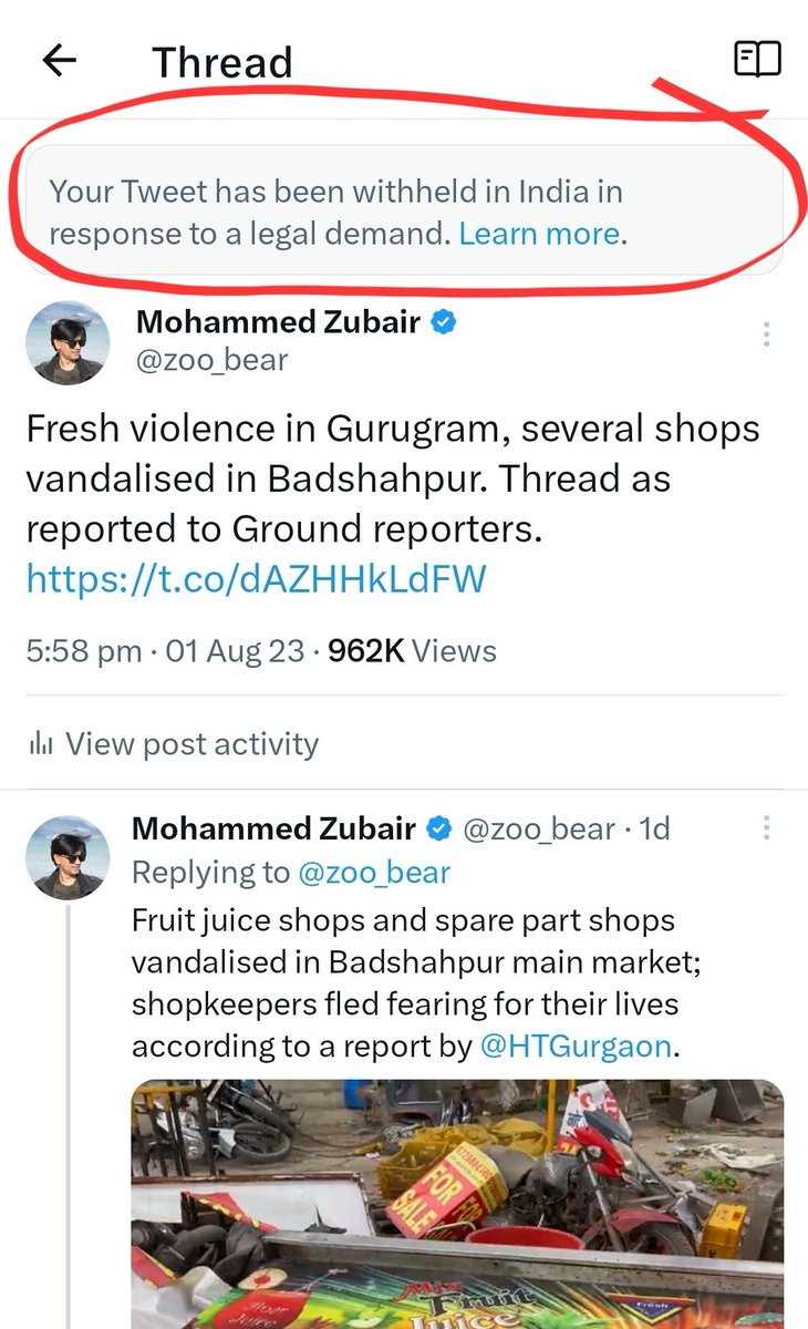 zoo_bear's tweet photo. TWO TWEETS WITHHELD IN 2 DAYS! 
One more tweet of mine is withheld in India in response to legal demand by Govt of India. Are we not supposed to show reports of vandalism of shops by rioters in Badshahpur, Gurugram? https://t.co/jfGkZG5jmW