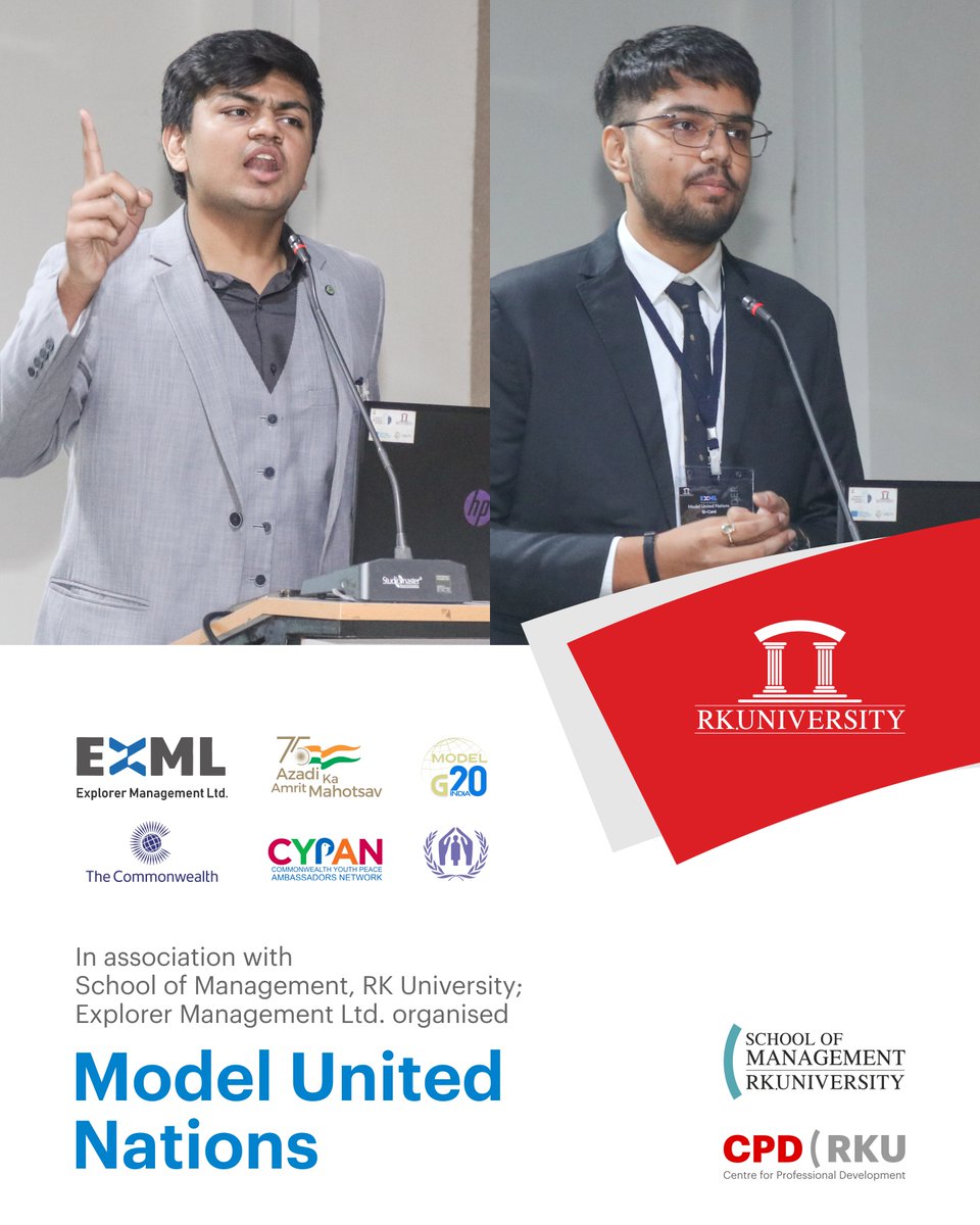 RKUniversity's tweet image. In association with RK University; Explorer Management Ltd. organised 'Model United Nation - Rajkot'. This event was an empowering platform, nurturing the potential of these aspiring leaders to shaping a better world.
#rku #management #exml #rajkot #India #rkuniversity