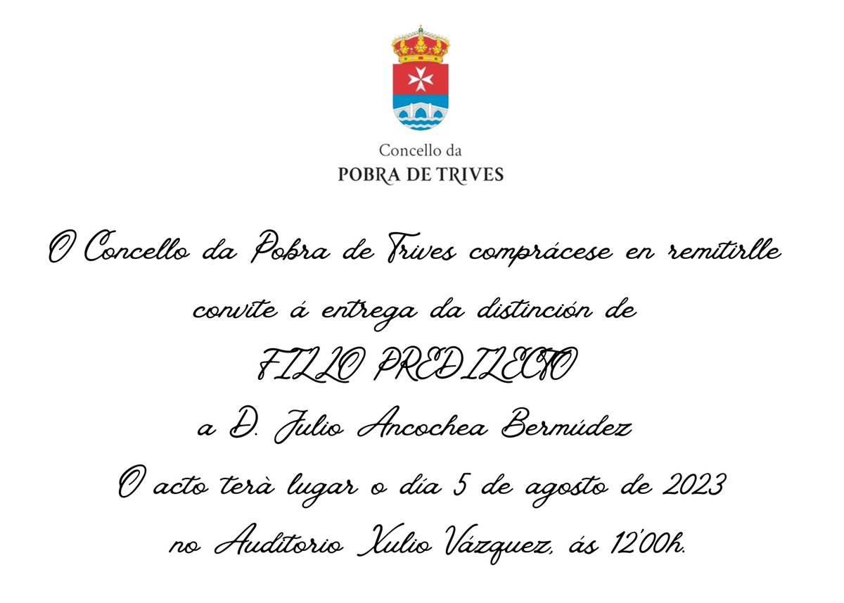 Enhorabuena a nuestro jefe de Neumología del #HospitaldeLaPrincesa Julio Ancochea, que entre sus muchos reconocimientos, el próximo día 5 de agosto recibirá  uno que seguro le ilusiona especialmente,  Hijo predilecto de Da Pobra Trives, su pueblo natal💚