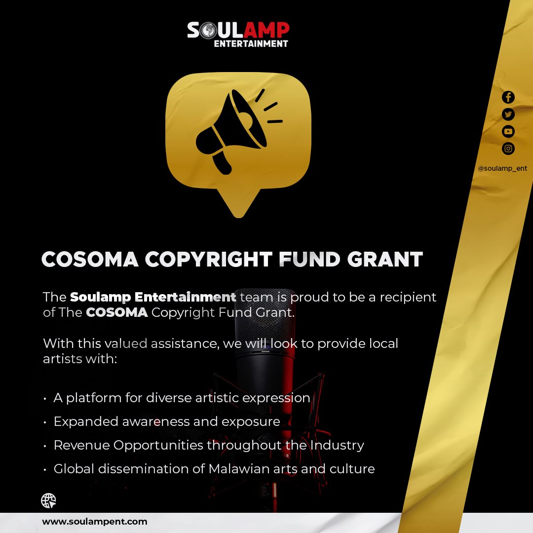soulamp_ent's tweet photo. We're EXCITED to get things started with @COSOMA_MW #CopyrightFund. 🔥
Follow this link to find out more and how YOU or your favourite local artist can get INVOLVED with US!
https://t.co/wNIlTc5Eru https://t.co/lQbVDgg50M