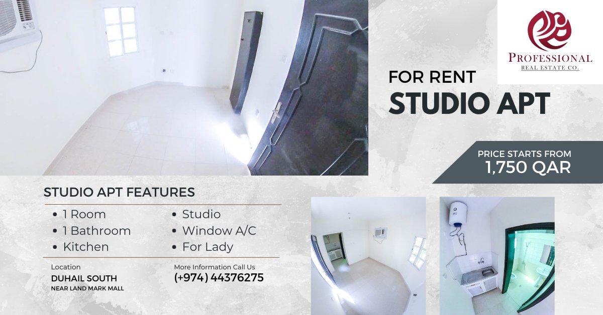 profestate's tweet photo. Unfurnished | Studio Apartment in Duhail South | Near Landmark Mall

Unfurnished Studio Apartment in Duhail South
Location: Near Landmark Mall
Monthly Rent:
For Asian Lady: 1,750 QAR
For Couple Asian: 2,000 QAR

DESCRIPTION:
• 1 Bedroom
• 1 Bathroom
• Kitchen

FEATURES AND AMENITIES:
• Window A/C
• Water and Electricity Included
• Outside Parking
• Maintenance
• Security

TERMS AND CONDITIONS:
• Contract Period is 12 Months + 1 Month Security Deposit
• Contract directly from the owner

For inquiries and assistance contact us:
Mobile (+974) 50554361
Office (+974) 44376275

Visit us and follow our social media pages
https://t.co/UNt0G3wWcL
https://t.co/WpGeRpoPTZ
https://t.co/YRSzwXJ1vn

Welcome To The World Of Fine Living

Please expect some minimal variations between the photos and the actual unit due to valid factors,
such as the specific area of the unit, lighting enhancements, and so forth.

#realestatedoha #apartmentsdoha #profestate