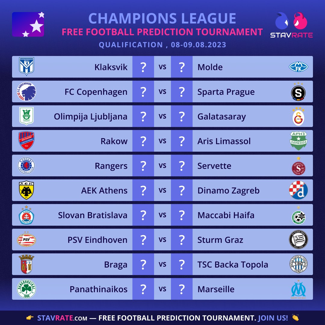 StavrateCom's tweet photo. Draw for the next stage of UCL Qualification was defined! 👏 Who do you support in this list?

Make your predictions here:
👉 https://t.co/h3rtkZZ9Sd

#ucl #uclqualification #ucldraw #Galatasaray #aekfc #Rakow #PSVEindhoven #Klaksvik #RangersFC #Panathinaikos #SlovanBratislava https://t.co/lI2OtVKTIu