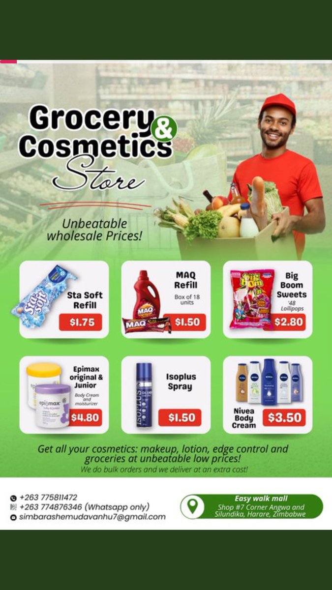 Hello people 
Support a twimbo please 
We do deliveries as well
Grocery rachipa iri uyai mutore
Kindly retweet my customer might be on your timeline 😇😇