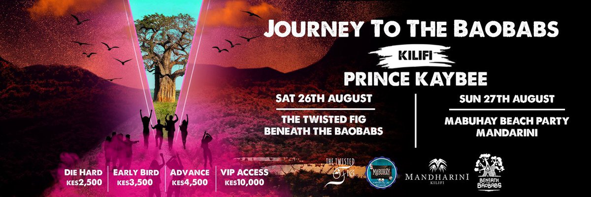 Mothoni_'s tweet photo. โข Die Hard Tickets
โข Early Birds (sold out)
โข Advance Tickets
โข VIP Access
Choice ni yako. Tupatane @Beneathebaobabs Kilifi on the 26th and 27th tupige sherehe noma.
Accommodation available at The Twisted Fig & Mandharini Kilifi.
#JourneyToTheBaobabs #PrinceKaybeeInKilifi https://t.co/HbsOohW9vz