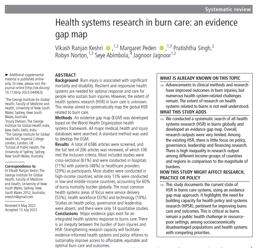 New Release 👇

Evidence Gap Map on #healthsystems Research in #BURNS 

▶️Near complete paucity of #HPSR 

▶️Mostly quant, hospital-based studies 

▶️Service delivery & #healthworkforce dominated 

 ▶️No paper on #policy #leadership 'software'

injuryprevention.bmj.com/content/early/… 
@IP_BMJ