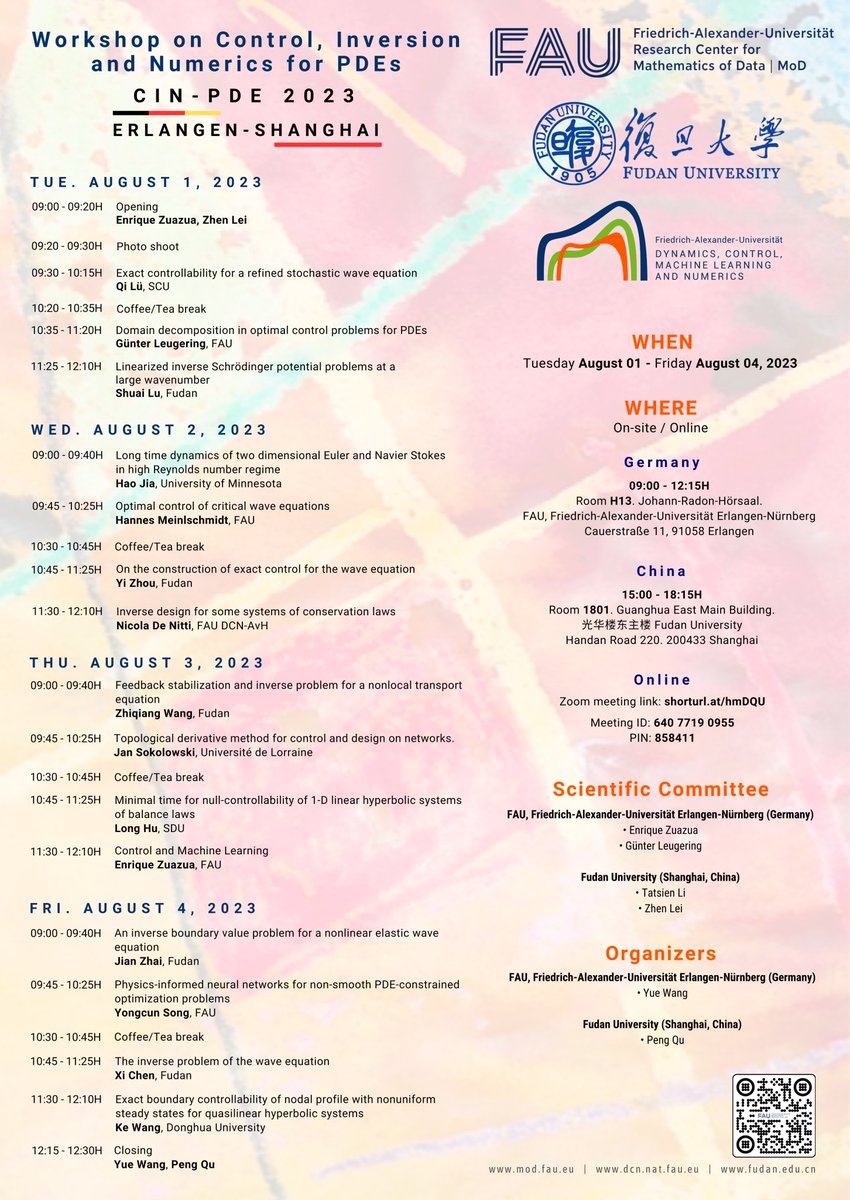 UniFAU_DCN's tweet photo. The #Day3 of our super #CINPDE2023 workshop 🚀  is ongoing now!
@UniFAU 🇩🇪 🇨🇳 @FudanUniv

Thank you all for joining! 😀

You can find the book of abstracts at:
https://t.co/nmQZVFpwYH

#FAU #Fudan #movingKnowledge #Erlangen #Shanghai #Germany #China #research #mathematics https://t.co/8NEeWGmGEN