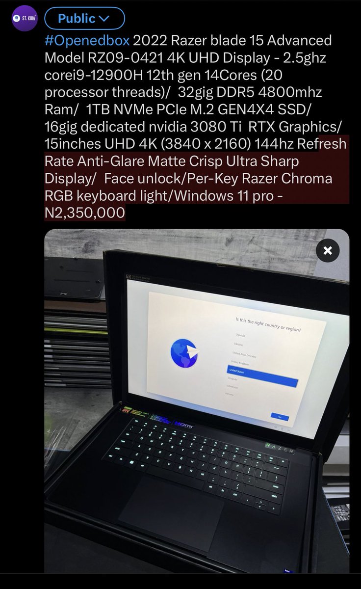 Adekolawole's tweet image. #Openedbox 2022 Razer blade 15 Advanced Model RZ09-0421 4K UHD Display - 2.5ghz   corei9-12900H 12th gen 14Cores (20 processor threads)/  32gig DDR5 4800mhz Ram/  1TB NVMe PCIe M.2 GEN4X4 SSD/  16gig dedicated nvidia 3080 Ti  RTX Graphics/  15inches UHD 4K (3840 x 2160) 144hz