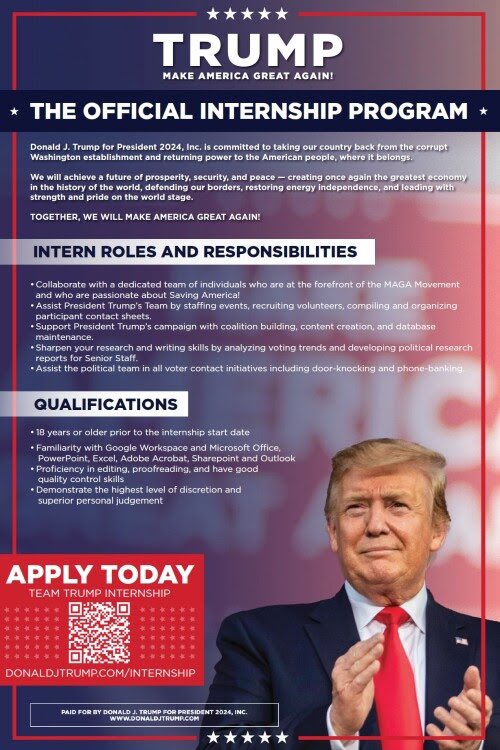 JUST IN: President Trump’s campaign has just announced that they will be launching a 2024 campaign internship program! To apply for the Donald J. Trump Campaign Internship Program, please visit donaldjtrump.com/internship and fill out the application form. This is a great way to…