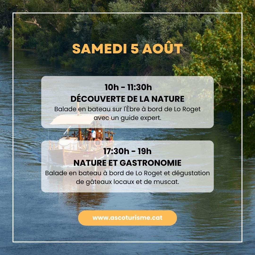 terresebretur's tweet photo. 😎 Dissabte us proposem 2⃣ sortides per l'Ebre a bord del llaüt #LoRoget! Us hi apunteu? ⛵☀️🌿

👉 10h-11:30h Descoberta de la natura amb un guia expert.

👉 17:30h-19h Natura i gastronomia amb tast de dolços i moscatell.

Reserva 🌐 https://t.co/fxvixrsHF2

#TerresdelEbre #Ascó https://t.co/4xp4aHLPhk