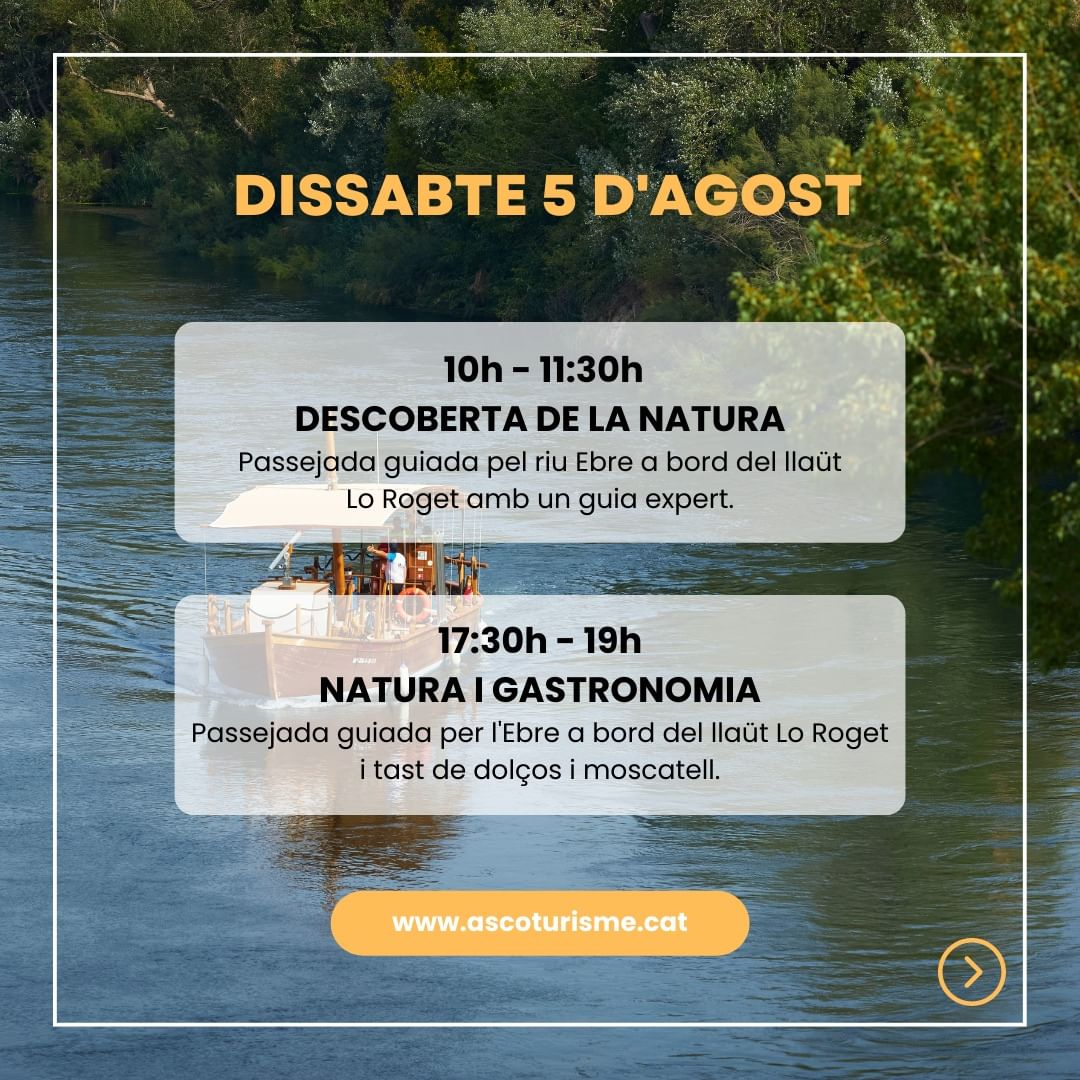 terresebretur's tweet photo. 😎 Dissabte us proposem 2⃣ sortides per l'Ebre a bord del llaüt #LoRoget! Us hi apunteu? ⛵☀️🌿

👉 10h-11:30h Descoberta de la natura amb un guia expert.

👉 17:30h-19h Natura i gastronomia amb tast de dolços i moscatell.

Reserva 🌐 https://t.co/fxvixrsHF2

#TerresdelEbre #Ascó https://t.co/4xp4aHLPhk