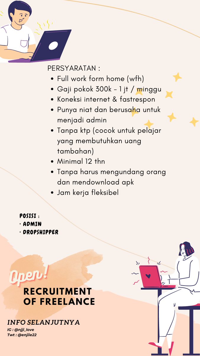 enjiie22's tweet photo. 🔊LOWONGAN KERJA🔊
Butuh uang tambahan untuk sekolah? Freelance lah solusinya
😋👆🏻
Let's join our team🤗
• gaji : 300k-1jt / minggu
• KERJA fleksibel
Minat? DM aja😉
#zonaung #lowongan #WFH #adminolshop #freelancer #pelajar #mahasis #infoloker https://t.co/RTLVrA29rz