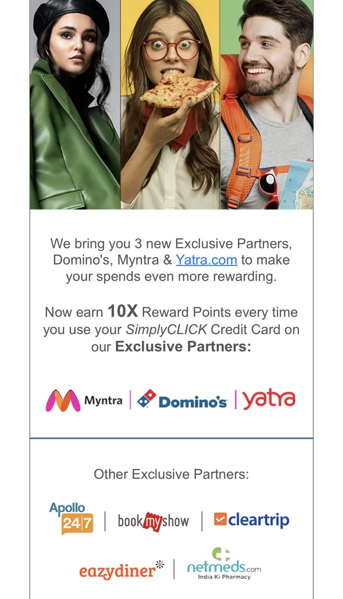 Shashwat0069's tweet photo. #sbicard
#simplyclick
#ccgeek
π¨ Now get 10x reward points on 3 new exclusive SBI Simply Click partners
*MYNTRA π
*DOMINOS π
*YATRA βοΈ https://t.co/mOypEVPoz3