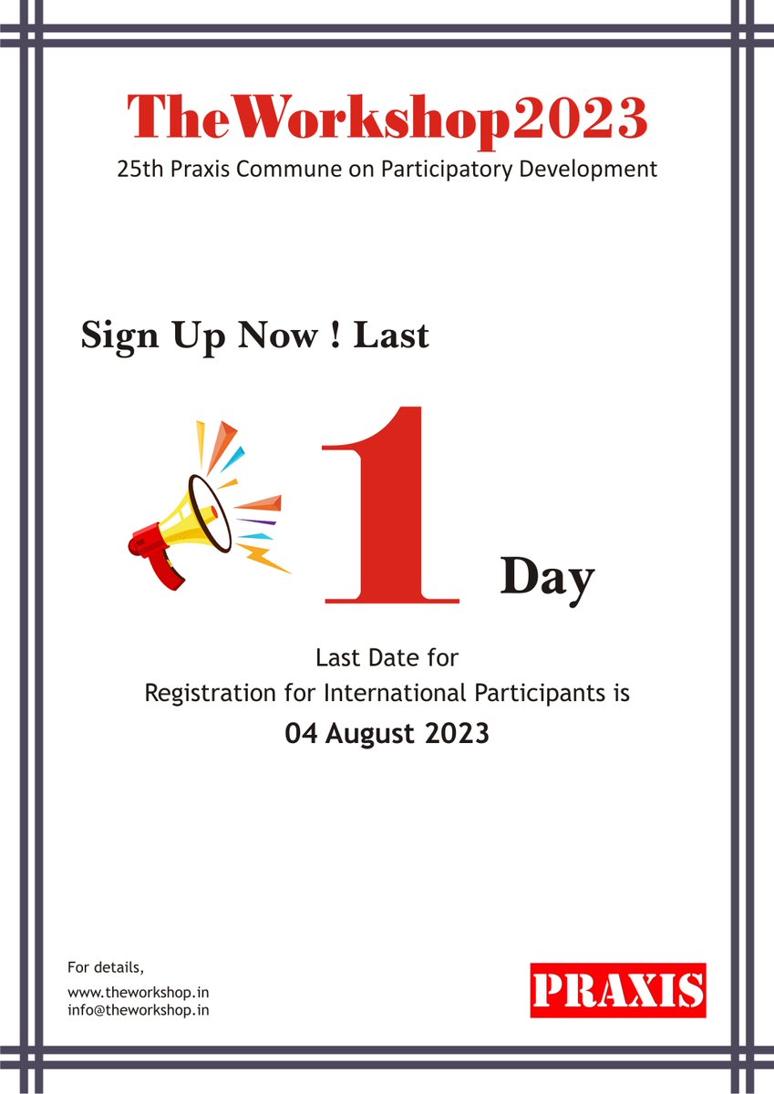 Act Fast! Only 1 Day Left for International Participants to Register! Join us in vibrant #Bengaluru from 9 to 13 October 2023 for #TheWorkshop2023. Secure your spot now for this incredible experience! Register now - theworkshop.in/about-1