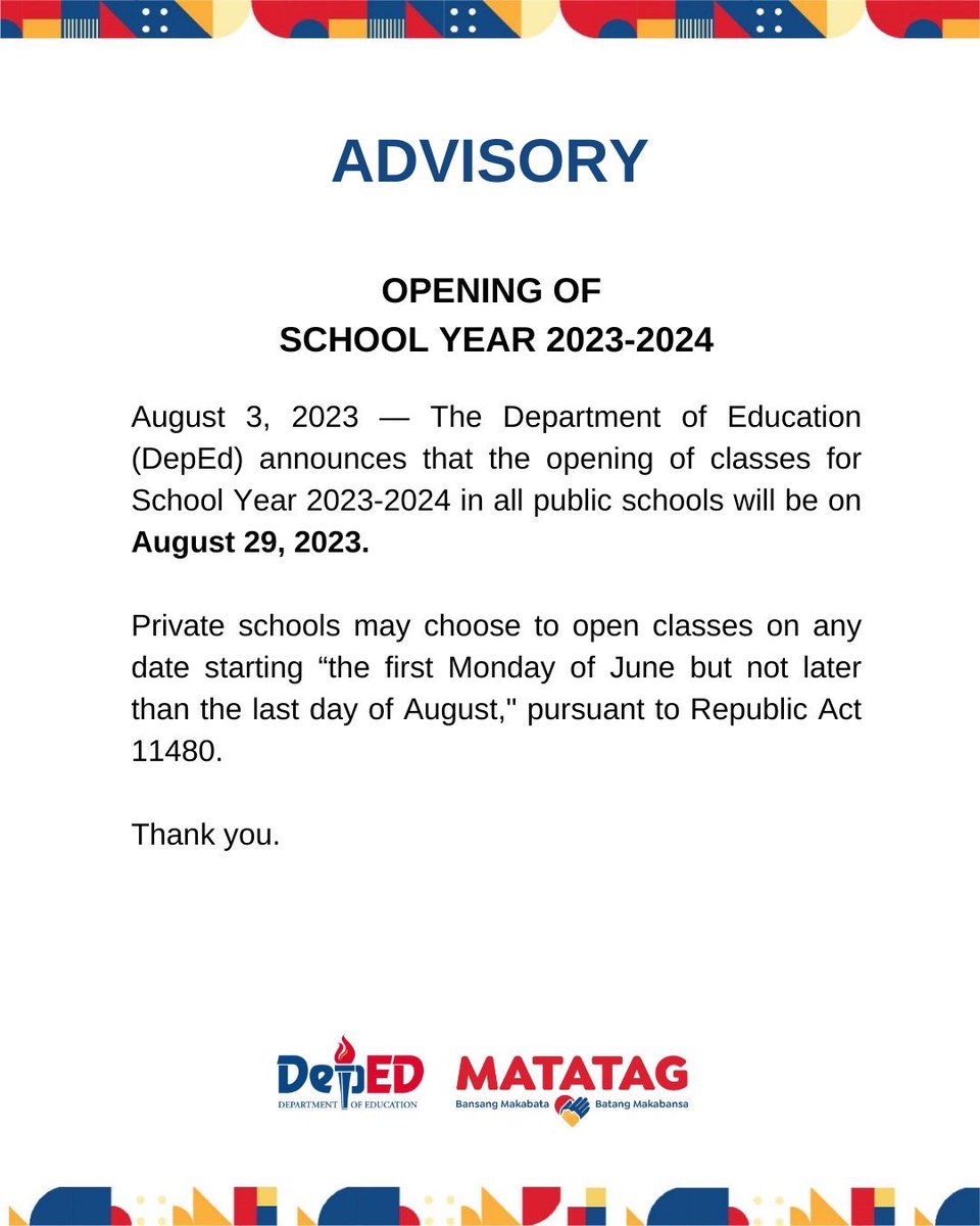 ABSCBNNews's tweet photo. JUST IN: The Department of Education announces that the formal opening of classes for school year 2023-2024 will be on August 29, 2023. | via @joycebalancio https://t.co/51eW4e5Y5o