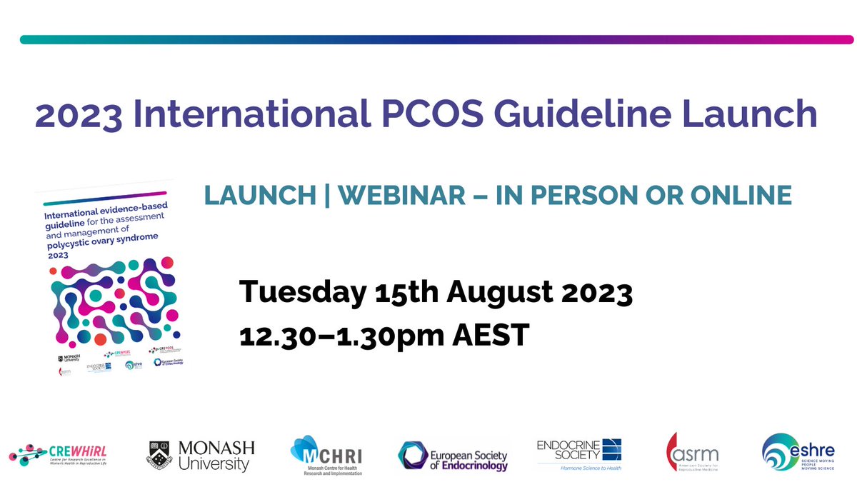 Join us to launch the 2023 International #PCOS Guideline! Tues Aug 15, 12.30pm AEST. In-person or online. Lead, @HelenaTeede will present the Guideline &amp; Translation Program, recommended changes in practice &amp; the impact on those with PCOS. 
Details here: bit.ly/3rUIX9d