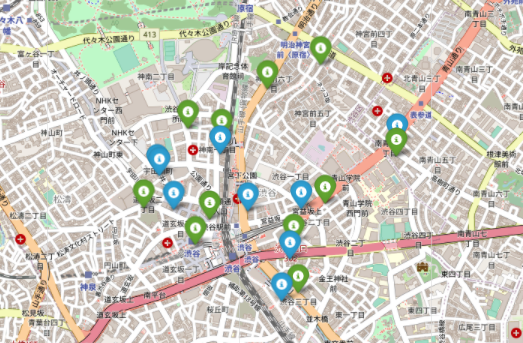 snakajima's tweet image. 「渋谷駅周辺のスタバをOverpass APIで見つけて、foliumを使って地図上に表示して」の後に「同じく渋谷駅周辺のドトールを見つけて、スタバと一緒に表示して」とリクエストして作ってもらった地図がこれ。ちゃんと色分けされている。#SlashGPT #codeinterpreter