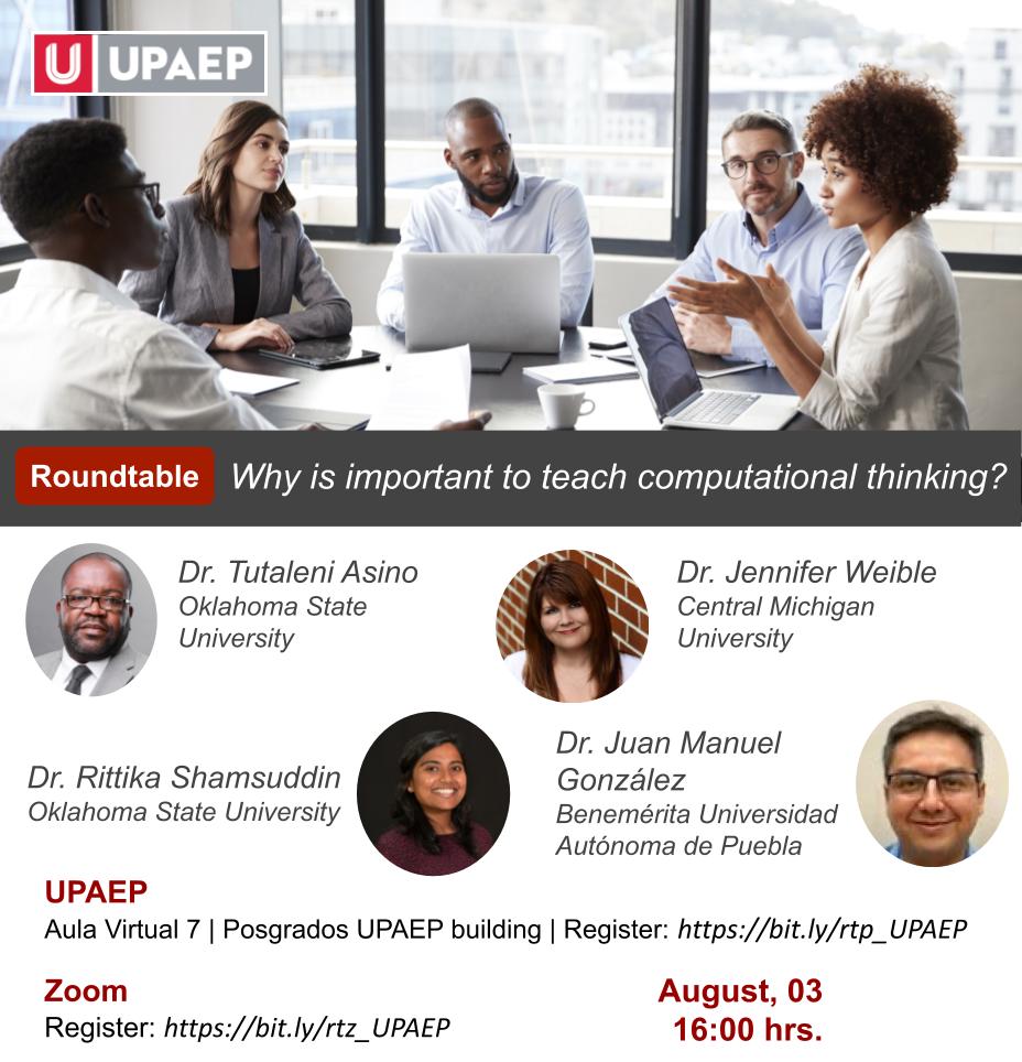 tutaleni's tweet photo. Looking forward to this @UPAEP round table on the importance of computational thinking? Thursday - 16:00 Puebla / Midnight Windhoek / 5pm Stillwater https://t.co/D1EoYaudkW