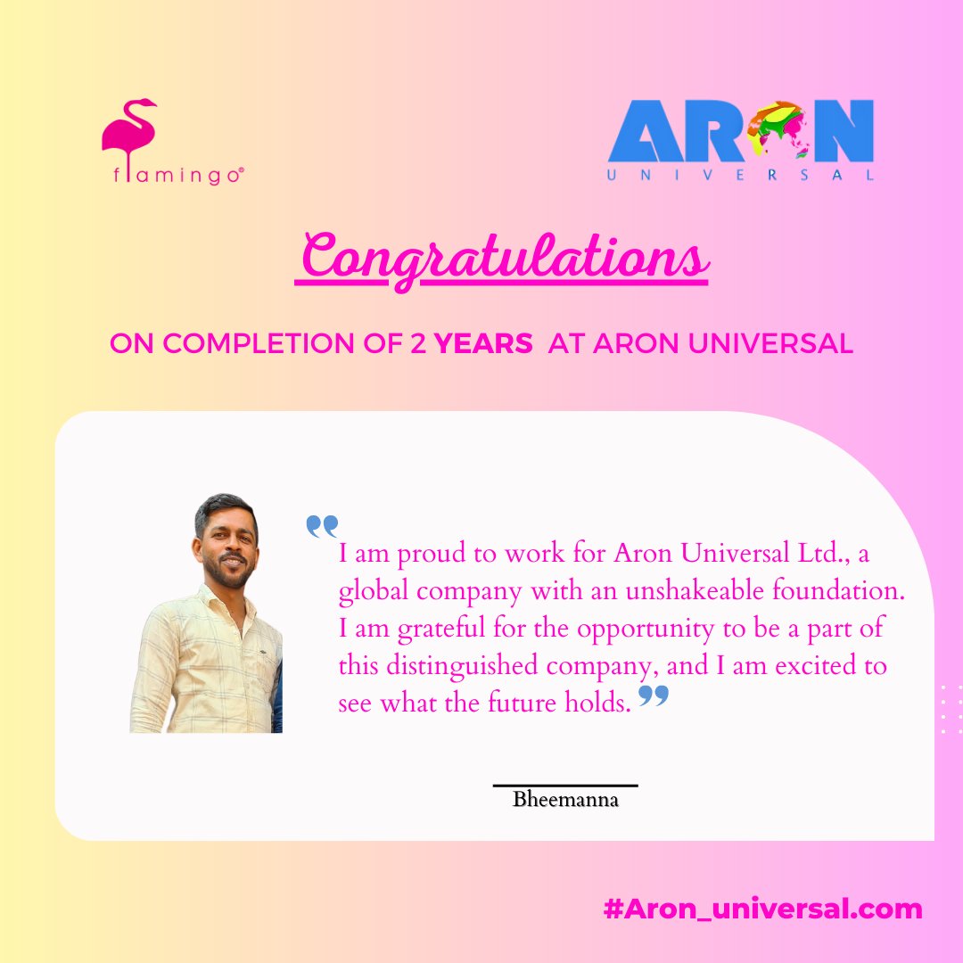 Mr. Bheemanna

We want to congratulate you for your 2nd anniversary with Aron Universal limited

Your knowledge, experience and great personality are continuously helping us achieve excellence every day. That’s why you are our Employee of the day!
#employeeoftheday
#aronuniversal