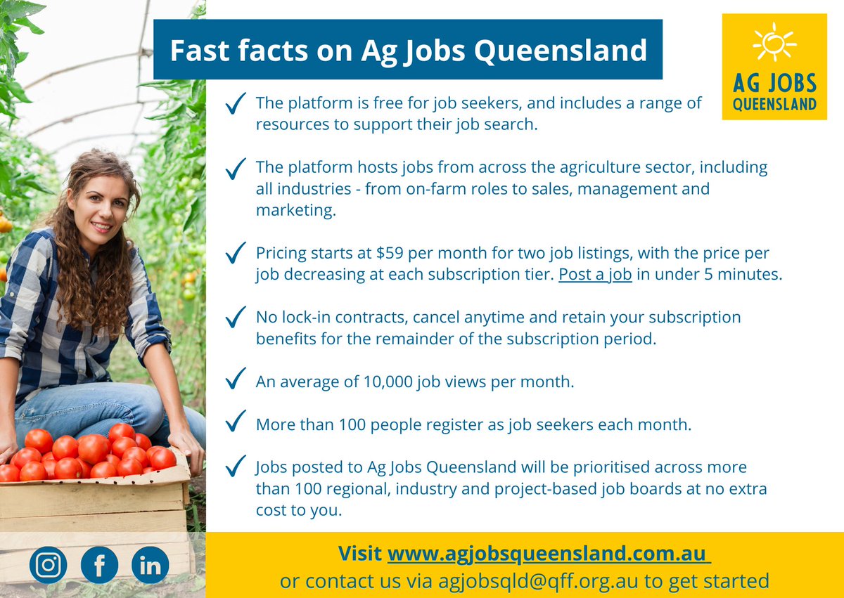 Are you hiring #farmworkers, or sales, admin and management staff for your #agribusiness or #familyfarm operation?

Since launching earlier this year, #AgJobsQueensland has seen consistent #jobseeker and employer growth.

Sign up here 👉bit.ly/43tCwaV

#QldJobs #farmjobs