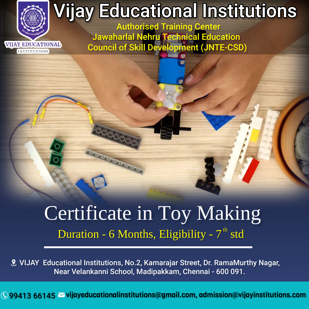 RoyalVijayEdu's tweet image. 𝐂𝐎𝐔𝐑𝐒𝐄𝐒 𝐎𝐅𝐅𝐄𝐑𝐄𝐃
𝐀𝐮𝐭𝐡𝐨𝐫𝐢𝐬𝐞𝐝 𝐓𝐫𝐚𝐢𝐧𝐢𝐧𝐠 𝐂𝐞𝐧𝐭𝐞𝐫 𝗝𝗡𝗧𝗘-𝗖𝗦𝗗
Certificate in Toy Making

#VijayEducationalInstitutions #toymaking #toys #toymaker  #toy #toymake #institutions #jntecsd #coursesoffered  #Eligibility #7thstd #certification #classes