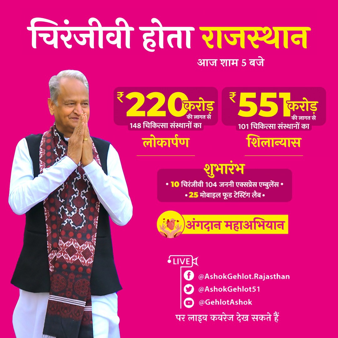 Ashok Gehlot (@ashokgehlot51) on Twitter photo рдЕрдВрдЧрджрд╛рди рдЬреАрд╡рдирджрд╛рди
рд╕рдВрдЪрд╛рд▓рд┐рдд рдорд╣рд╛ рдЕрднрд┐рдпрд╛рди
рдЖрдЬ рдЕрдВрдЧрджрд╛рди рдорд╣рд╛ рдЕрднрд┐рдпрд╛рди рдХреЗ рддрд╣рдд рд╡рд┐рднрд┐рдиреНрди рдЪрд┐рдХрд┐рддреНрд╕рд╛ рд╕рдВрд╕реНрдерд╛рдиреЛрдВ рдХрд╛ рд▓реЛрдХрд╛рд░реНрдкрдг рд╡ рд╢рд┐рд▓рд╛рдиреНрдпрд╛рд╕ рдХрд░реВрдБрдЧрд╛ред рд╕рд╛рде рд╣реА 10 рдЪрд┐рд░рдВрдЬреАрд╡реА, 104 рдЬрдирдиреА рдПрдХреНрд╕рдкреНрд░реЗрд╕ рдПрдореНрдмреБрд▓реЗрдВрд╕ рд╡ 25 рдореЛрдмрд╛рдЗрд▓ рдлрд╝реВрдб рдЯреЗрд╕реНрдЯрд┐рдВрдЧ рд▓реИрдм рдХрд╛ рд╢реБрднрд╛рд░рдВрдн рдХрд░реВрдВрдЧрд╛ред рдЕрдВрдЧрджрд╛рди рдЬреАрд╡рдирджрд╛рди
рд╕рдВрдЪрд╛рд▓рд┐рдд рдорд╣рд╛ рдЕрднрд┐рдпрд╛рди
рдЖрдЬ рдЕрдВрдЧрджрд╛рди рдорд╣рд╛ рдЕрднрд┐рдпрд╛рди рдХреЗ рддрд╣рдд рд╡рд┐рднрд┐рдиреНрди рдЪрд┐рдХрд┐рддреНрд╕рд╛ рд╕рдВрд╕реНрдерд╛рдиреЛрдВ рдХрд╛ рд▓реЛрдХрд╛рд░реНрдкрдг рд╡ рд╢рд┐рд▓рд╛рдиреНрдпрд╛рд╕ рдХрд░реВрдБрдЧрд╛ред рд╕рд╛рде рд╣реА 10 рдЪрд┐рд░рдВрдЬреАрд╡реА, 104 рдЬрдирдиреА рдПрдХреНрд╕рдкреНрд░реЗрд╕ рдПрдореНрдмреБрд▓реЗрдВрд╕ рд╡ 25 рдореЛрдмрд╛рдЗрд▓ рдлрд╝реВрдб рдЯреЗрд╕реНрдЯрд┐рдВрдЧ рд▓реИрдм рдХрд╛ рд╢реБрднрд╛рд░рдВрдн рдХрд░реВрдВрдЧрд╛ред