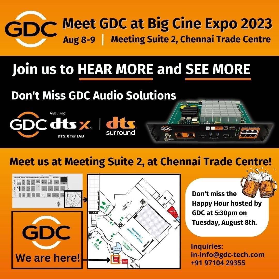 rameshlaus's tweet photo. Meet Team #GDC Audio solutions at #BigCineExpo2023 in Chennai on August 8th and 9th..
#GDCTechnology | #DTSX | #DTS https://t.co/55VZP8sXOF