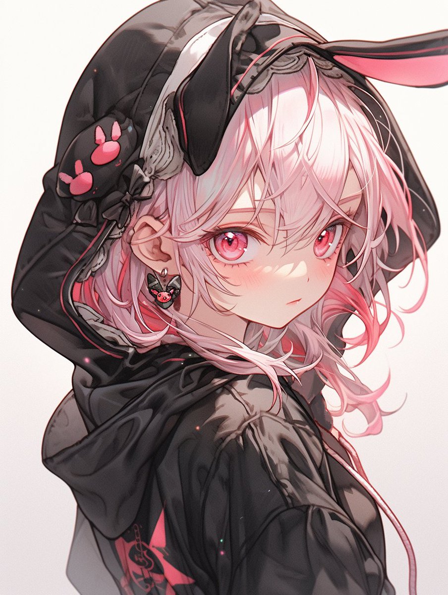 1girl hood solo pink hair rabbit ears looking at viewer animal ears  illustration images