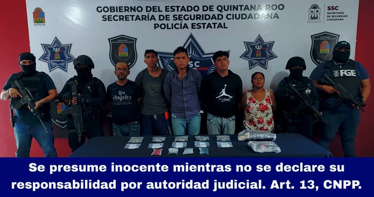 SSC_QROO's tweet photo. 🚨La #SSC en coordinación con la Fiscalía General del Estado (FGE) pone a disposición a cinco personas por su probable participación en el delito de secuestro y contra la salud, en Benito Juárez. 

📍Lee la nota completa aquí:
https://t.co/HZrBIsP8ZV https://t.co/crhq60VaiA