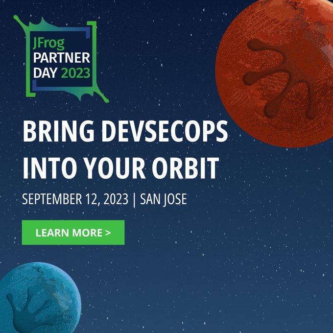ATTN #JFrogPartners &amp; orgs interested in joining our Partner Ecosystem! ☄️ Join JFrog on Sept. 12 in San Jose for #PartnerDay 2023 to discover how to bring holistic #DevSecOps solutions to your customers! Register now for 40% off: bit.ly/3ChS6uy infl.tv/mJFe