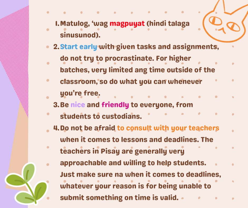 SApshscbzrc's tweet photo. If you have your own tips to share about academic life in Pisay, please feel free and use the hashtags: #ThingsToKnowInCALABARZone and #TipsForPisayFreshies!

☀️

Pubmat by Keisha Luna

[2/2] https://t.co/jYfZHpQnZJ