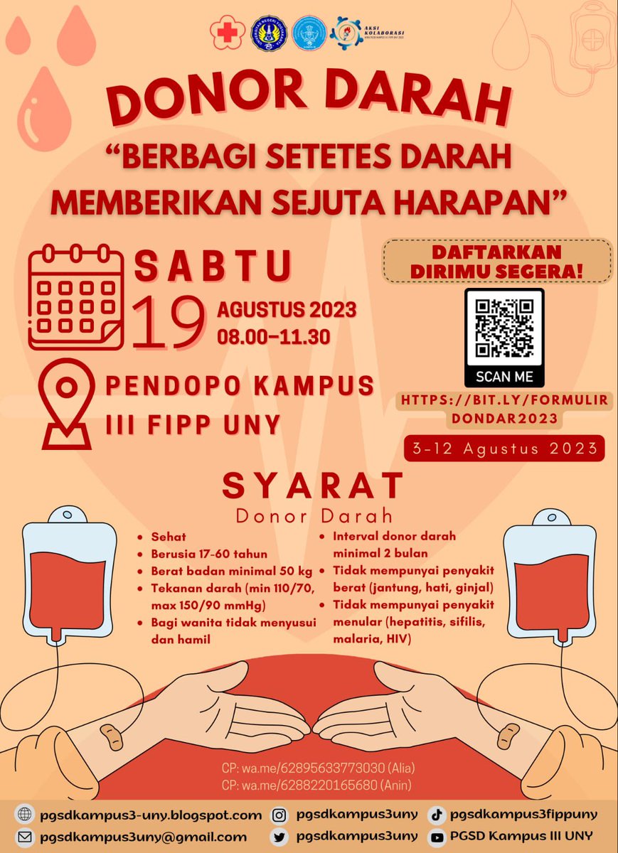 pgsdkampus3uny's tweet photo. 🩸PMI BANTUL X HIMA PGSD KAMPUS III FIPP UNY Proudly Present 🩸

         DONOR DARAH

"Jika kamu seorang pendonor darah, kamu adalah pahlawan bagi seseorang, di suatu tempat, yang menerima anugerah hidup darimu."

📌 Daftar kan dirimu segeraaa
https://t.co/UylGF60LqB https://t.co/c8okDXC7jJ