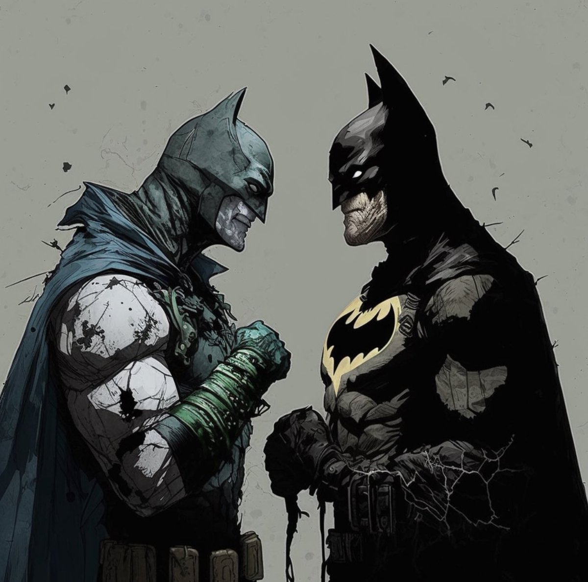 DaveHallmon's tweet photo. Would this be Batman talking with his nightmare? This #AIart was created using #MidJourney in the style of @JimLee. My #ImaginePrompt on my blog post shared here https://t.co/7RXoOIPyil https://t.co/4NBWd348Fq